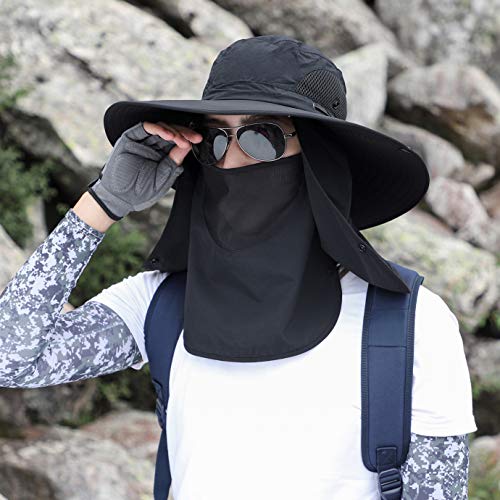 Sun Hat Unisex Face Coverage Shield Neck Flap Cap Garden Lawn Work Sports Hiking Fishing Hats - color: Black
