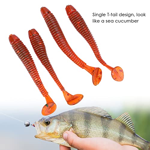 50PCS Fishing Lures Bass Worm Bait, 5cm Soft Plastic Fishing Lures T Tail Grub Worm Baits Fish Tackle Accessory - color: Red