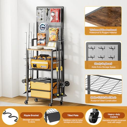 Olakee Fishing Rod Holders, Rolling Fishing Rod Rack for Garage & Boat, Tackle Box & Reel Holder Cart, Easy Assembly Fishing Gear Management System, Ideal Birthday Gift for Men Dad Anglers - color: 8 Rods,Brown