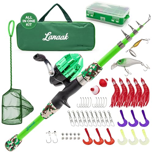 Lanaak Kids Fishing Pole, Kids Portable Telescopic Fishing Rod Set, Tackle Box and Fishing Net Combo Kit, Kids Fishing Gear for Boys and Girls Age 5-10 and Youth - color: Green, size: 1.2m or 3.9FT