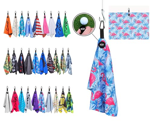 Magnetic Microfiber Waffle Golf Towel – Large 16"x24" Clean Golf Club Ball Magnet Clip to Hang on Bag Cart Strong Premium Strength Ultra Absorbent Gear Tropical Men (Large Flamingo Palms) - color: Large Flamingo Palms
