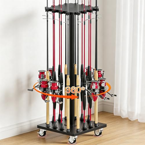 Fishing Rod Holders for Garage 360° Rotating Fishing Pole Rack, Floor Stand Holds up to 16 Poles Fishing Gear Equipment Storage Organizer, Fishing Gifts for Men Women, Black - color: Black