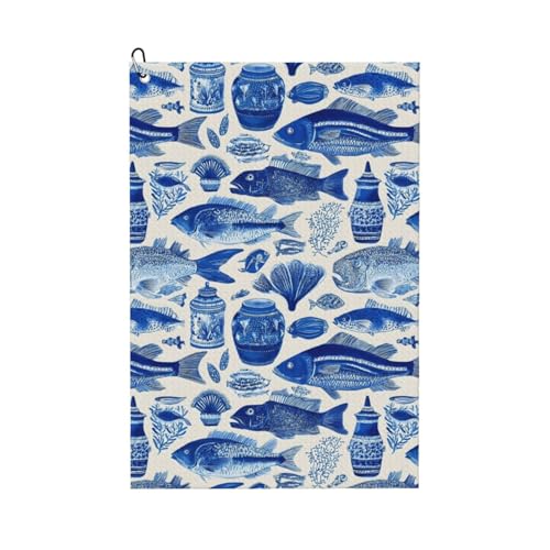 Retro Blue Fish Print Golf Towel, Microfiber Golf Towels for Bags with Carabiner Clip 16 x 24 inches, Men Womens Golfs Accessories