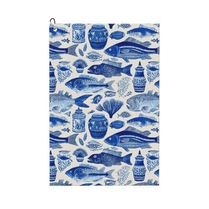 Retro Blue Fish Print Golf Towel, Microfiber Golf Towels for Bags with Carabiner Clip 16 x 24 inches, Men Womens Golfs Accessories