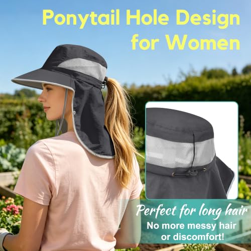 2 Pack Women Men Outdoor Wide Brim Sun Hat with Neck Face Flap,UPF 50+ Protection Fishing Garden Work Hat with Ponytail Hole - color: Dark Grey ＆ Beige