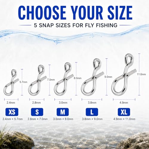 Fly Fishing Snaps 100pcs - Stainless Steel Quick Change Fly Clips, No Knot Fly Fishing Snap Connectors for Trout Flies, Jigs, Hooks, Tippet Leader and Lightweight Lures - size: XL- 4.9X11.0mm