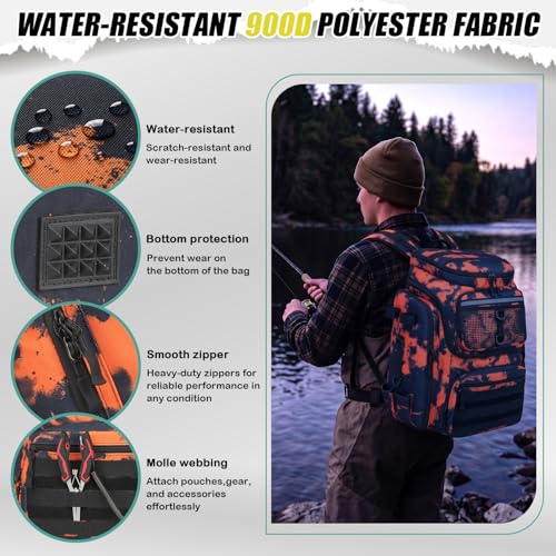 HAMBOLY Fishing Backpack 45L with Rod Holders, Water-Resistant Tackle Backpack for Fishermen, Large Capacity Fishing Gear Bag for Travel Hiking Camping - color: Black and Orange Graffiti
