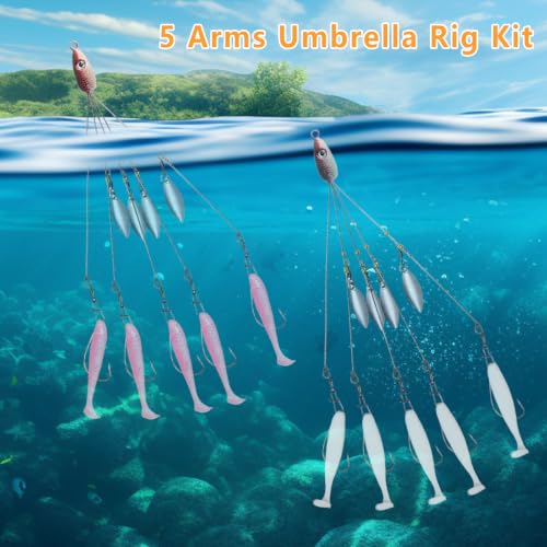 Dnyta 5 Arms Umbrella Rig Kit Umbrella‑Style Alabama Rig Kit, Classic | Multi‑Arm Fishing Bait Rigs Crank Hook and Soft Bait for Trout Perch Walleye Freshwater/Saltwater Boat Trolling - color: Classic