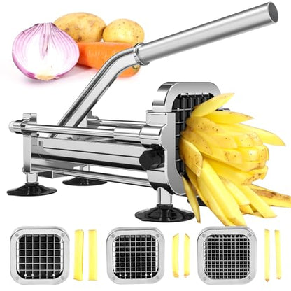 French Fry Cutter, Stainless Steel Potato Cutter with 1/2 Inch, 3/8 Inch and 1/4 Inch Blades (Manual Cutter, 1/2 '' & 3/8 '' & 1/4 '' Blade) - color: Manual Cutter, size: 1/2 Inch & 3/8 Inch & 1/4 Inch