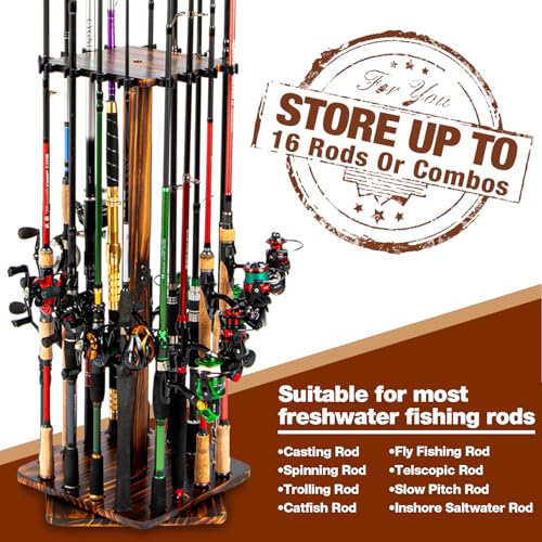 Ghosthorn Fishing Rod Holders for Garage 360 Degree Rotating Fishing Pole Rack, Floor Stand Holds up to 16 Rods Wood Fishing Gear Equipment Storage Organizer, Fishing Gifts for Men Women - style: carbonization