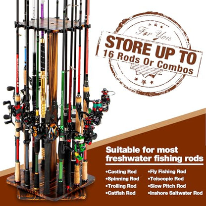 Ghosthorn Fishing Rod Holders for Garage 360 Degree Rotating Fishing Pole Rack, Floor Stand Holds up to 16 Rods Wood Fishing Gear Equipment Storage Organizer, Fishing Gifts for Men Women - style: carbonization