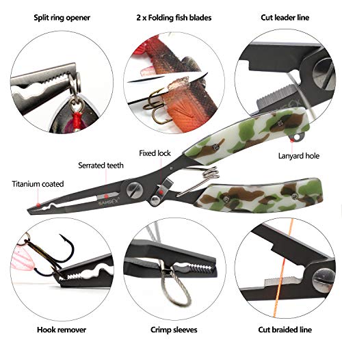 SAMSFX Locking Fishing Pliers Saltwater Resistant Teflon Coated Briad Line Cutters with Wire Coiled Lanyard, Sheath & Quick Knot Tool Combo - color: Army Green Camouflage