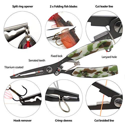 SAMSFX Locking Fishing Pliers Saltwater Resistant Teflon Coated Briad Line Cutters with Wire Coiled Lanyard, Sheath & Quick Knot Tool Combo - color: Army Green Camouflage
