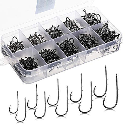 DONQL Bait Holder Hooks, 600Pcs Double Barbed Fishing Hooks 3#-12# Carp Single Fish Hook Kit Fly Fishing Accessories Carbon Steel Jig Sea Hooks for Live Bait Freshwater Saltwater (600PCS)