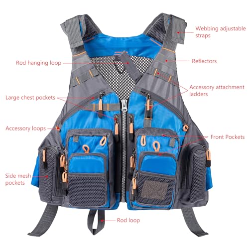BASSDASH Strap Fishing Vest Adjustable for Men and Women, for Fly Bass Fishing and Outdoor Activities - color: Blue