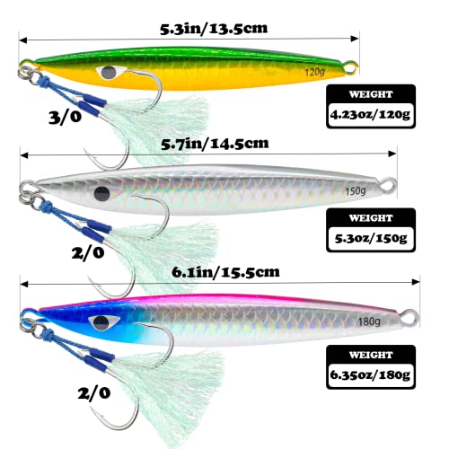 Fishing Jigs Vertical Saltwater Jigs Vertical Jigging Spoon Fishing Tuna Lures Boat Fishing Artificial Lures for Tuna, Grouper, Dogtooth, Snapper, Bass, Salmon/60g, 80g,120g - color: 3pcs-multicoloured