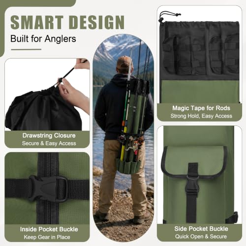 AGOOL Fishing Pole Bag with Rod Holder Fishing Rod Bag, 5 Rod & Reel Organizer Bag Waterproof Large Capacity Fishing Tackle Storage Bag Travel Carry Case Fishing Gifts for Men - color: Khaki Green