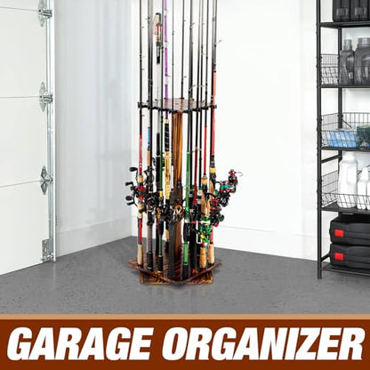 Ghosthorn Fishing Rod Holders for Garage 360 Degree Rotating Fishing Pole Rack, Floor Stand Holds up to 16 Rods Wood Fishing Gear Equipment Storage Organizer, Fishing Gifts for Men Women - style: carbonization