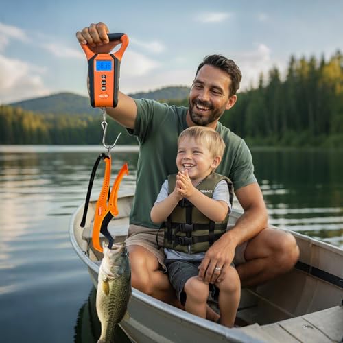Fish Scale Digital Waterproof Floating with Carry Case Fishing Weighing Scale with Lip Gripper, Backlit LCD Display,110lb Capacity Memory Storage & Summation -Fishing Gifts for Men