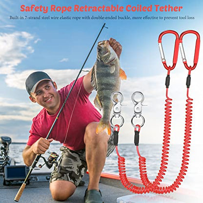 Woanger 6 Pack Fishing Lanyard Steel Wire Coiled Lanyard Tool Lanyards for Hand Tools Kayak Retractable Tool Leash Fishing Rod Safety Lanyards Gear with Alloy Clips for Pliers Boating - color: Red
