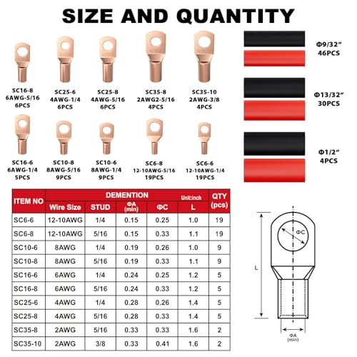 Sanuke 160pcs Copper Wire Lugs Kit, Battery Terminal Connectors | AWG 12 10 8 6 4 2, 80pcs Electrical Battery Cable Ends & Heat Shrink Tubing, Marine Automotive Wire Connectors Assortment