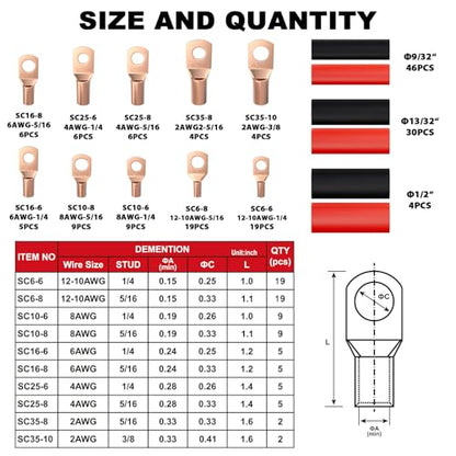 Sanuke 160pcs Copper Wire Lugs Kit, Battery Terminal Connectors | AWG 12 10 8 6 4 2, 80pcs Electrical Battery Cable Ends & Heat Shrink Tubing, Marine Automotive Wire Connectors Assortment