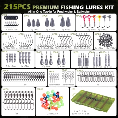 Goture 215pcs Fishing Tackle Kit with Ultra-Slim Organizer Box, Complete Terminal Tackle Set Includes Fishing Hooks, Sinkers Weights, Swivels, Snaps and Beads for Freshwater Bass Trout Fishing Gear - style: 215Pcs - Hooks & Accessories
