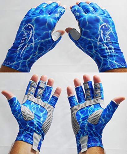 Fishoholic UPF50+ Fingerless Fishing Gloves - Sticky Grip Sun Protection Glove - Kayaking Paddling or Rowing - color: Blue H2O Camo, size: S / M