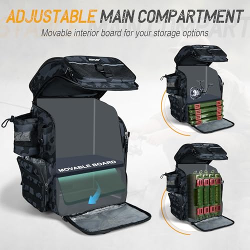 Goture Fishing Backpack with 4 Tackle Boxes, 900D Water-Resistant Tackle Backpack with Rod Holders,Insulated Cooler Compartment, 55L Large Capacity Fishing Gear Storage Bag for Saltwater & Freshwater - color: A3:camo(4 Tackle Boxes Included)