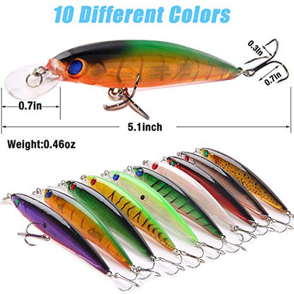 Fishing Lures Hard Bait Minnow Swimbait Crankbait Jerkbait Lure with Treble Hooks 3D Eyes Freshwater Saltwater Fishing Lures for Bass Trout Walleye Pike Catfish - color: B-10pcs-4.5in/0.46oz