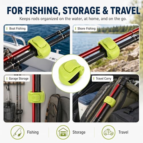 Fishing Rod Holder Clip with EPDM Non-Slip Strap, Portable Pole Tie and Wrap Organizer for Spinning, Casting and Telescopic Rods, Protective Rod Band for Travel and Storage
