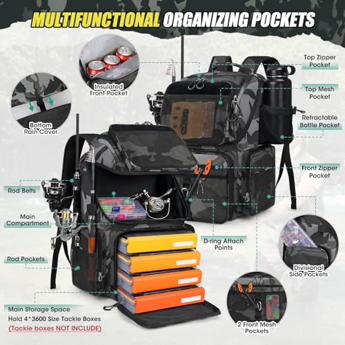 RAINSMORE 45L Fishing Backpack with Rod Holders & Rain Cover Large 900D Water-resistant Fishing Tackle Bag Store Fishing Gear - color: Black Gray Camouflage