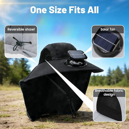 Solar Fan Hat Wide Fishing Hat Breathable Neck Flap Bucket Hats Outdoor Sun Hats for Men Women with USB Charging - color: Black