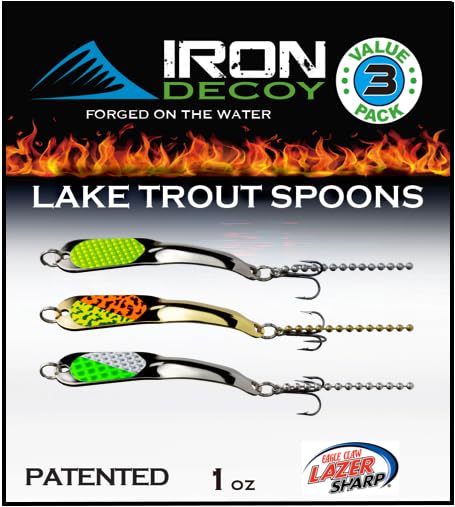 IRON DECOY Spoon Fishing Lures 3-Pack, Multi-Species Metal Spoons for Trout, Walleye, Bass, Salmon, Pike, Ice Fishing & Trolling, Vibrating Spoon Lure Kit - color: Lake Trout, 1 oz