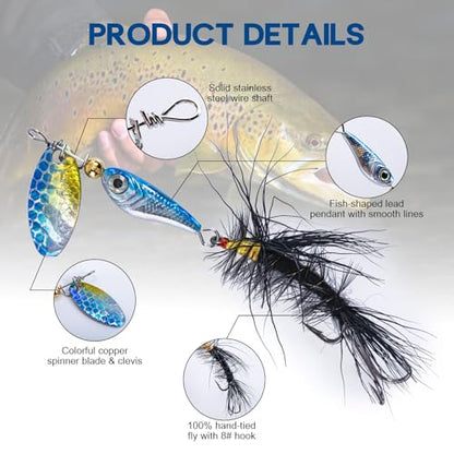 Goture Trout Lures Fishing Spinners,Rooster Bait Tail Bass Fishing Lures with Brass Spinner Blade Fish-Shaped Jig Heads for Freshwater Saltwater,Salmon Steelhead Trout Spinner Bait with Tackle Box - color: A:10pcs Trout Spinners