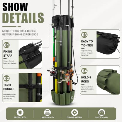 AGOOL Fishing Pole Bag with Rod Holder Fishing Rod Bag, 5 Rod & Reel Organizer Bag Waterproof Large Capacity Fishing Tackle Storage Bag Travel Carry Case Fishing Gifts for Men - color: Khaki Green
