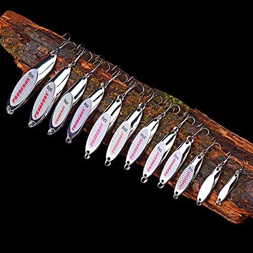 PROBEROS Fishing Spoons Lures Bass Baits Jigging Bait Tackle with Treble Hooks Hard Metal Spoon Fishing Lure Weight Pick 10 Pcs/Pack Silver Gold - color: 10PCS Silver, size: 14G-0.5OZ