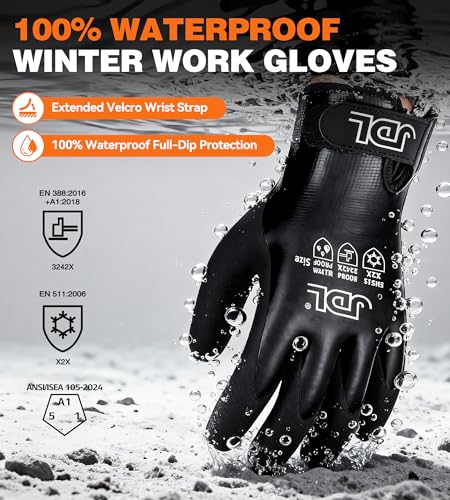 JDL 100% Waterproof Winter Work Gloves for Men & Women, Thermal Insulated Freezer Gloves for Cold Weather, Super Grip Palm, Carbon Black, Large, X-Large