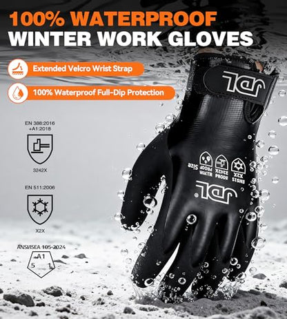 JDL 100% Waterproof Winter Work Gloves for Men & Women, Thermal Insulated Freezer Gloves for Cold Weather, Super Grip Palm, Carbon Black, Large, X-Large
