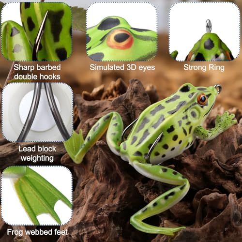Soulchen 3 Pack Topwater Frog Lure Bass Trout Fishing Lures Kit, Frog and 2 Pocket Frogs Realistic Bait with Legs Weedless Bass Fishing Lures for Freshwater and Saltwater