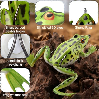 Soulchen 3 Pack Topwater Frog Lure Bass Trout Fishing Lures Kit, Frog and 2 Pocket Frogs Realistic Bait with Legs Weedless Bass Fishing Lures for Freshwater and Saltwater