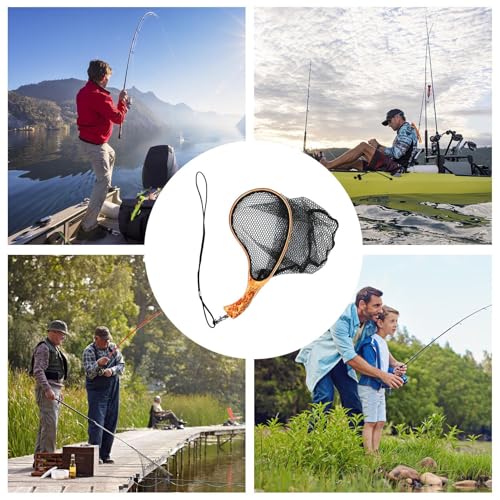 Fishing Landing Net Wooden Handle Black Mesh Catch-Release | Trout Net for Fishpond Bass Fishing