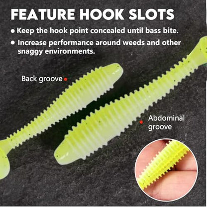 Eupheng 2.5inch/3inch Paddle Tail Swimbaits, T-Tail Ribbed Soft Plastic Fishing Lures for Bass Trout Crappie Walleye Saltwater Freshwater Fishing - size: 2.5 inch - 60 PCS