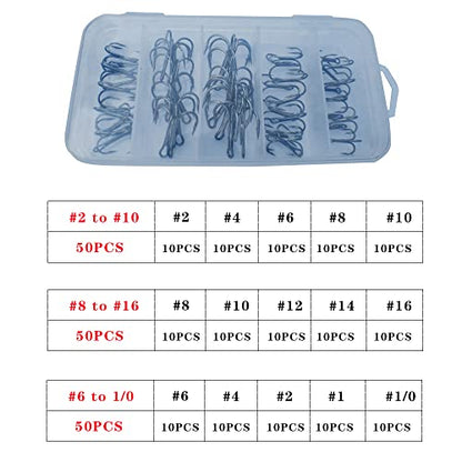 Drasry Fishing Treble Hooks Set for Saltwater Freshwater Size 1/0 to 16 High Carbon Steel Different Fish Hook 50pcs/Box - color: Black, size: #2 to #10