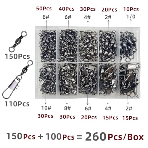 260Pcs/Box with Stainless Steel Fishing Barrel Swivels 150Pcs /Barrel Swivels with Snaps 110Pcs Mix,High Strength Connector for Quick Change Fishing Lure or Line Tackle Saltwater Freshwater