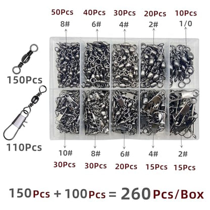 260Pcs/Box with Stainless Steel Fishing Barrel Swivels 150Pcs /Barrel Swivels with Snaps 110Pcs Mix,High Strength Connector for Quick Change Fishing Lure or Line Tackle Saltwater Freshwater