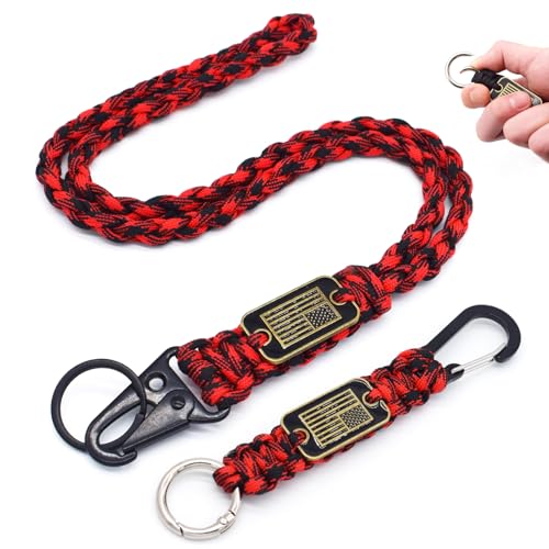 Heavy Duty Braided Paracord Lanyard Keychain with USA Flag, Parachute Rope Necklace Keychains, Braided Strong Lanyard - color: 2 Pcs Red Camo