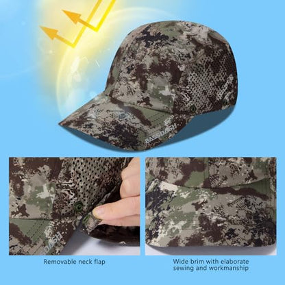 BASSDASH UPF 50+ Foldable Fishing Hat Baseball Cap with Removable Neck Flap Portable for Men Women Golf Hiking - color: Grunge Camo With Unfoldable Brim