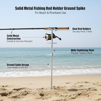 Solid Wood Fishing Rod Holder with Ground Spike for Beach, Riverbank, and Shore Fishing