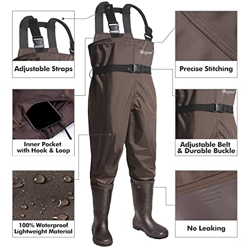 Chest Waders with Boots for Men & Women, Nylon/PVC Lightweight Fishing Wader with Boots Hanger - color: Brown, size: M13/W15